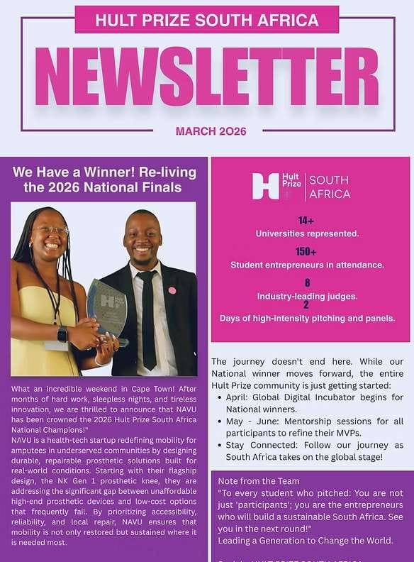 Hult Prize newsletter feature announcing NAVU as the 2026 South Africa national winner, with the team holding the trophy